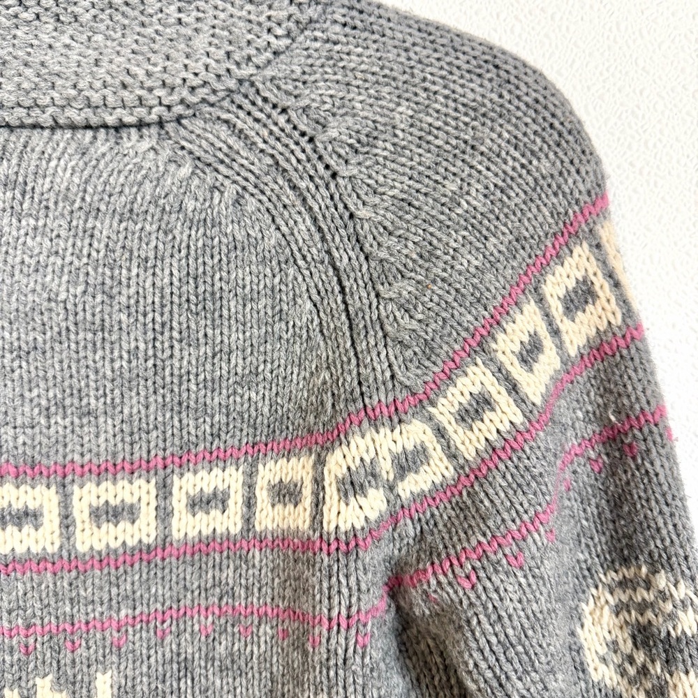 TNA 100% Lambswool Deer Fair Isle Zip Cardigan Sweater Medium Grey Nordic Cabin - Picture 12 of 15